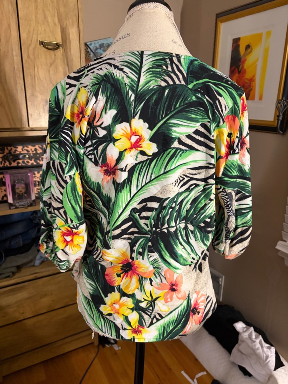 NY & Co. Tropical Wrap Front Blouse with Green Leaf Print - Medium - Picture 3 of 5